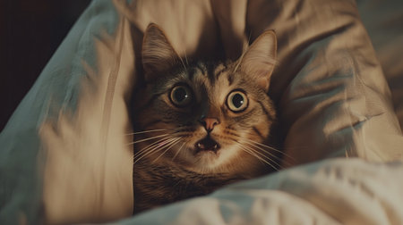 A cat with bulging eyes looks at its owner in surpriseの素材