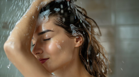 Young beautiful woman washing her hairの素材