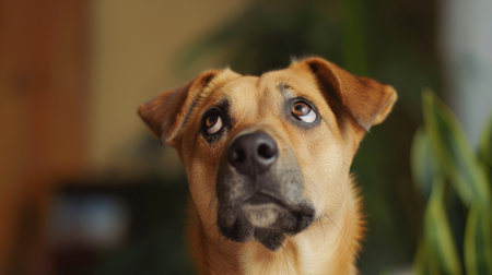 A dog with bulging eyes looks at the owner in surpriseの素材