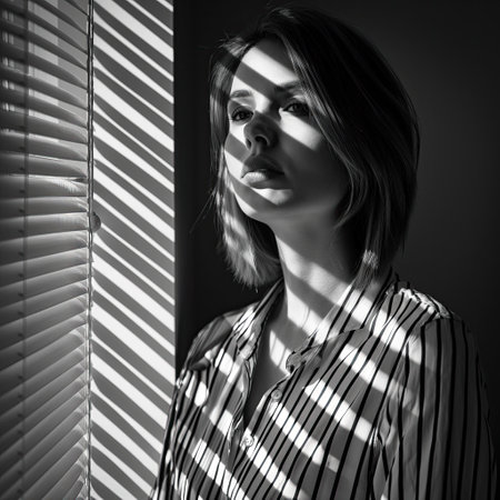 A young woman stands by the windowの素材
