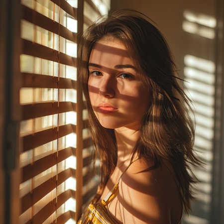 A young woman stands by the windowの素材