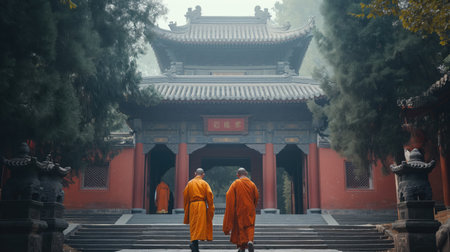 Chinese monks greeting guests near the templeの素材