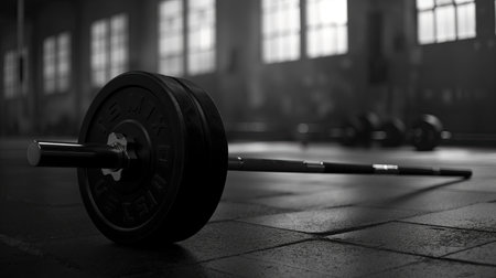Barbell lying on floor in gym without peopleの素材