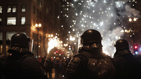 Demonstrators clash with police on the streetの素材
