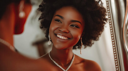 A joyful woman sees a diamond necklace around her neckの素材