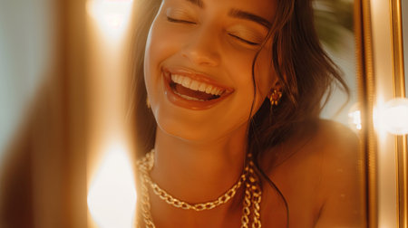 Young woman rejoicing at a gold braceletの素材