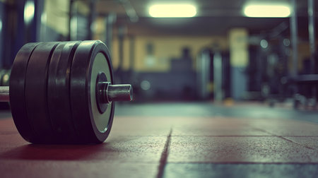 Barbell lying on floor in gym without peopleの素材