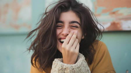 Young woman laughing with her hand in her mouthの素材