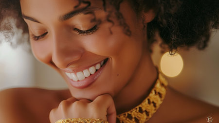 Young woman rejoicing at a gold braceletの素材