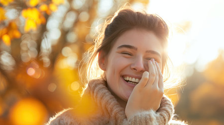 Young woman laughing with her hand in her mouthの素材