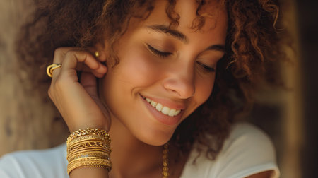 Young woman rejoicing at a gold braceletの素材