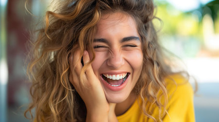 Young woman laughing with her hand in her mouthの素材