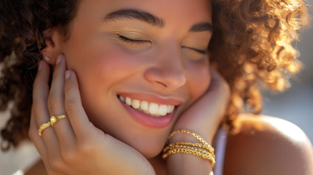 Young woman rejoicing at a gold braceletの素材