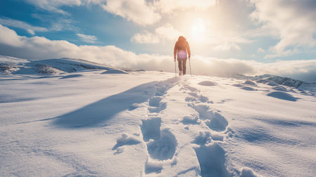 A man walks uphill on fresh snowの素材