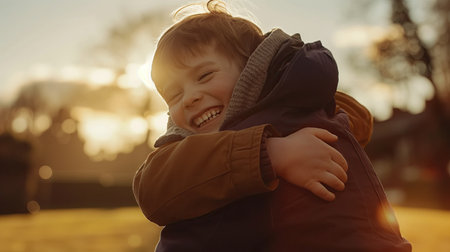 Two teenage boys happily huggingの素材