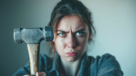 Woman confidently holding a hammer in her handsの素材