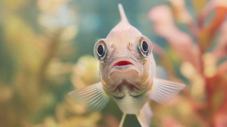 Aquarium fish with bulging eyes looking at its ownerの素材