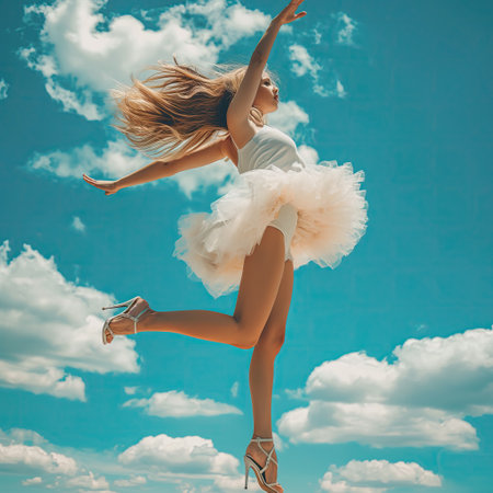 Young beautiful woman in heels and skirt jumping on the background of the skyの素材