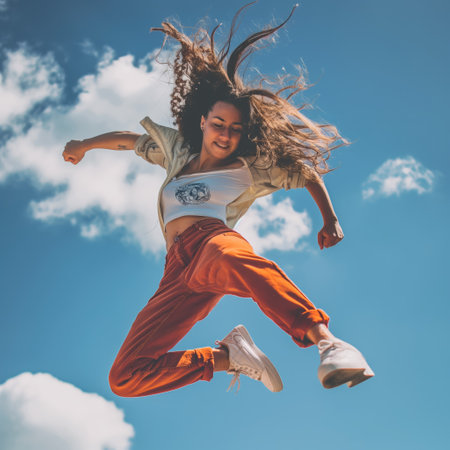 Young woman jumping high on the background of the skyの素材
