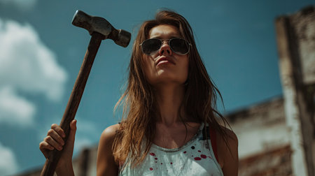 Woman confidently holding a hammer in her handsの素材