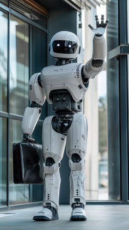Robot with briefcase hired at office and waving handの素材