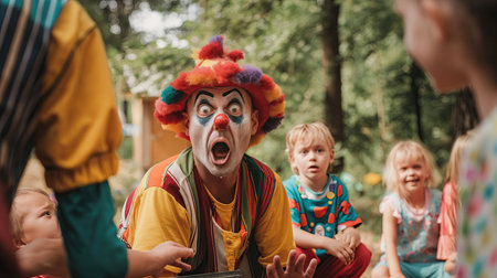 A clown with bulging eyes looks at the children in surpriseの素材