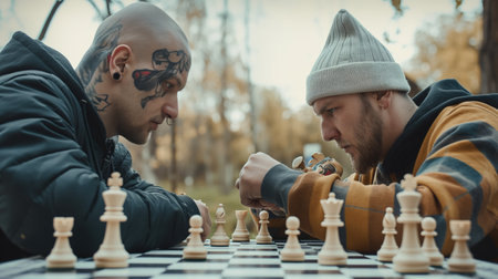 Two young men playing chess outdoorsの素材