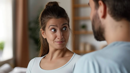Pregnant woman staring at her husband with bulging eyesの素材