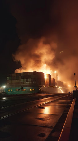 Fire on a sea container shipの素材