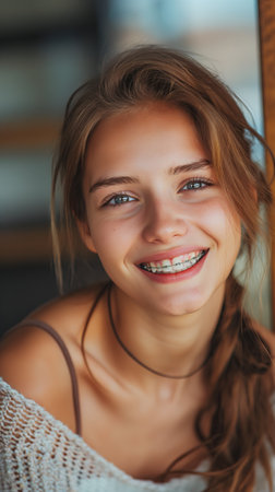 Laughing young woman with bracesの素材