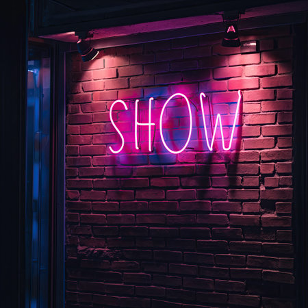 The word SHOW on a brick wall with neon lightingの素材