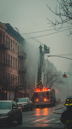 A team of firefighters extinguishes the buildingの素材
