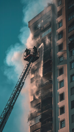 A team of firefighters extinguishes the buildingの素材