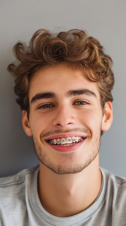 Laughing young man with bracesの素材