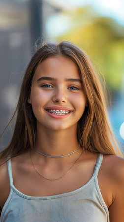 Laughing young woman with bracesの素材