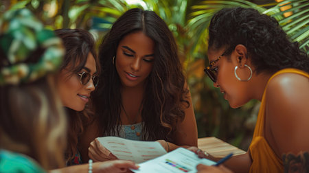 Group of young women playing quizの素材