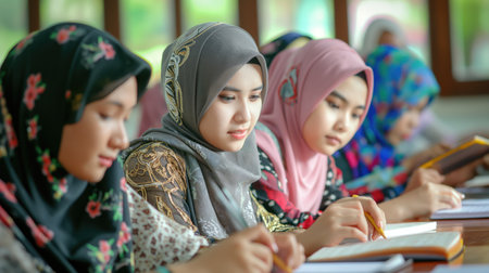 Group of young women playing quizの素材