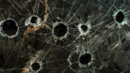Broken glass with bullet holesの素材