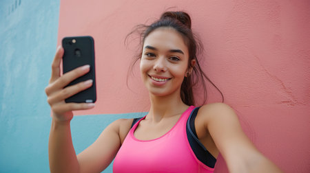 Beautiful young woman taking selfie on smartphoneの素材