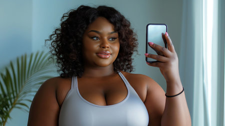Beautiful sporty chubby woman taking selfieの素材
