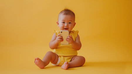 Baby with smartphone in handsの素材