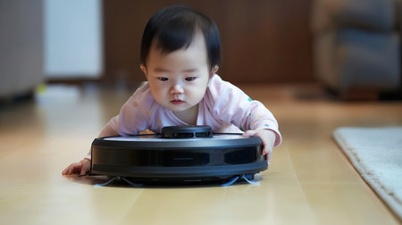 Baby on top on robot vacuum cleanerの素材