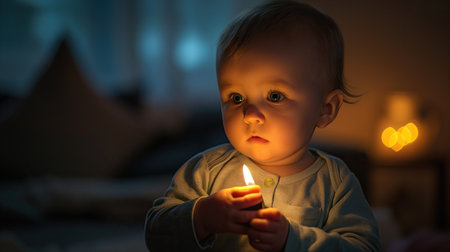 A child holds a burning match in his handsの素材