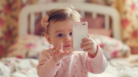 Baby girl taking selfie using smartphoneの素材