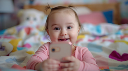 Baby girl taking selfie using smartphoneの素材