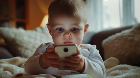 Baby with smartphone in handsの素材