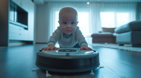 Baby on top on robot vacuum cleanerの素材