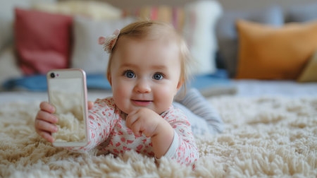Baby girl taking selfie using smartphoneの素材