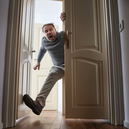 Angry man kicking open the door to the houseの素材