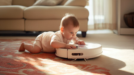 Baby on top on robot vacuum cleanerの素材